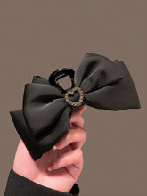 1pc Women's Elegant Black Double-faced Bowknot & Heart Shaped Rhinestone Hair Clip, Suitable For Daily Use